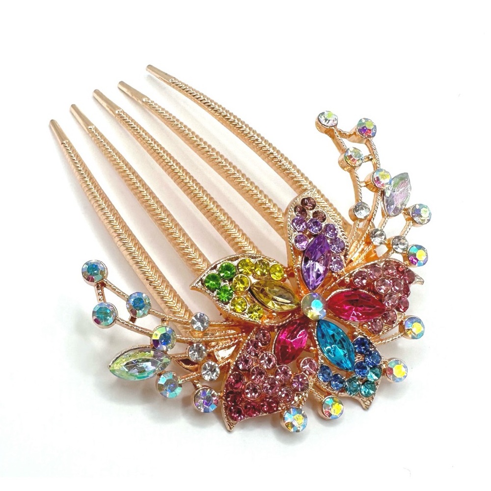 Decorative Multi Colored Flower Rhinestone Hair Comb, NEW - Picture 2 of 2